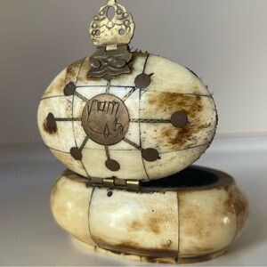 Trinket Box Vintage Inlaid Brass with Hand Engraved Sketched Elephant and Bone